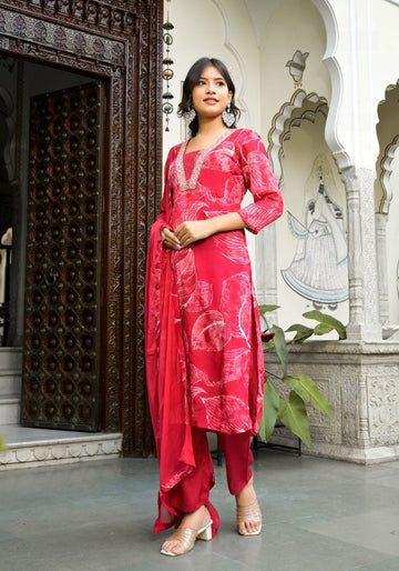 Varanga V-Neck Thread Sequins Embellished Straight Kurta With Solid Bottom Chiffon Dupatta